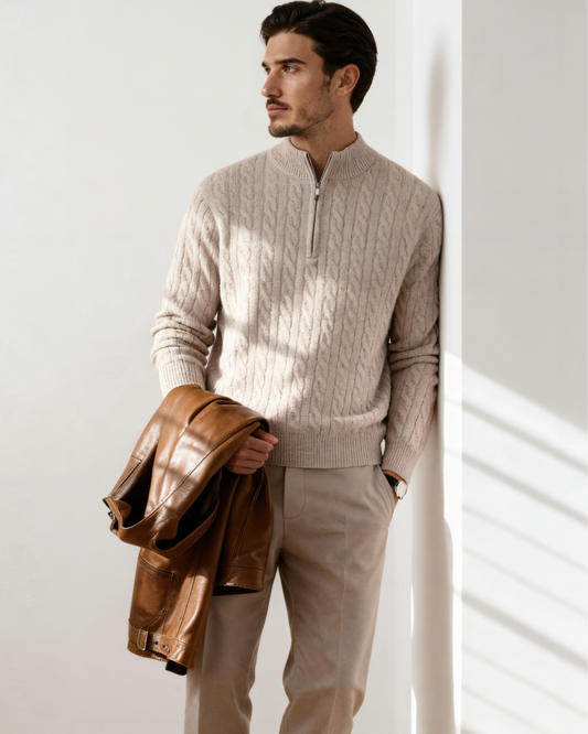 100% Cashmere Cable-Knit Half-Zip Sweater